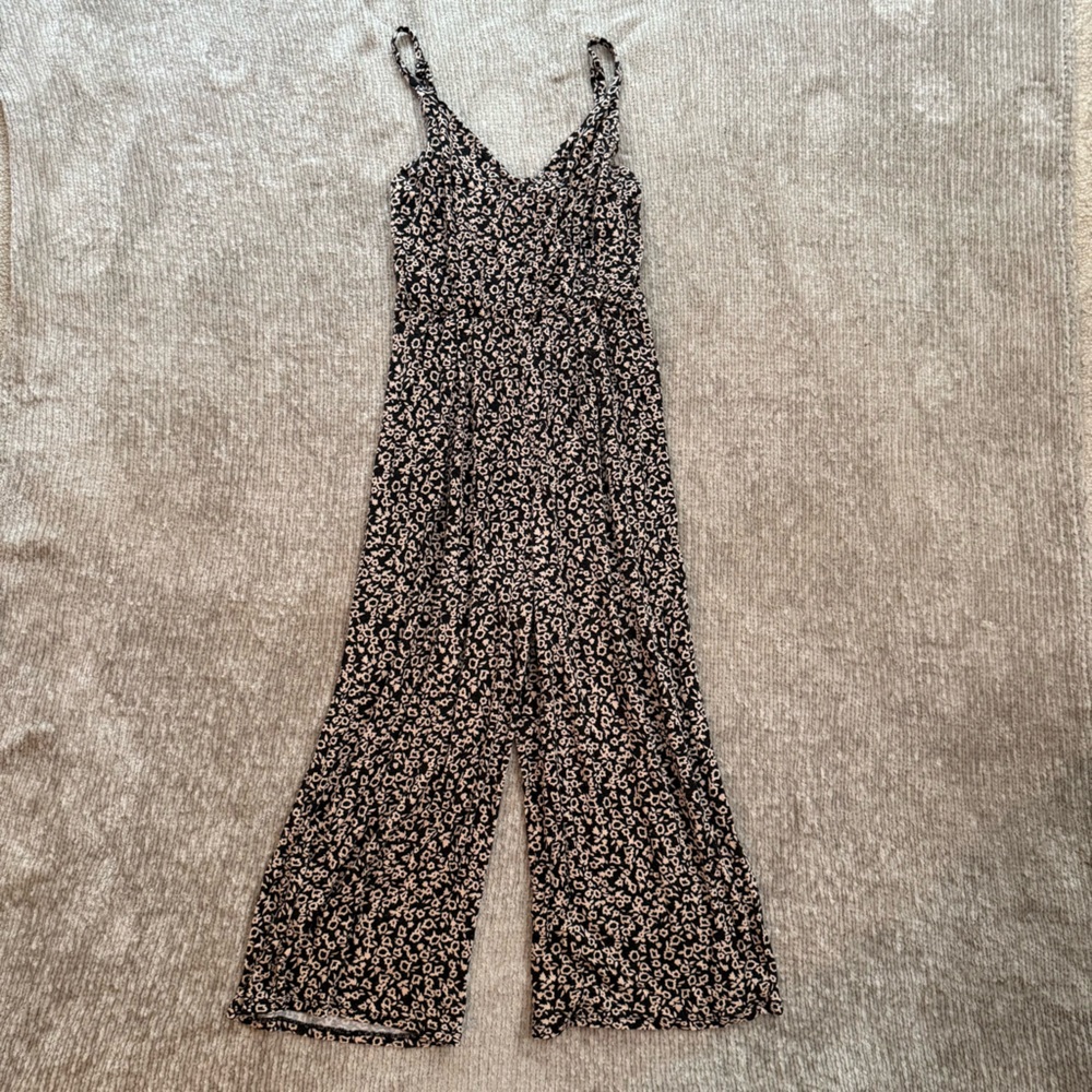 Bobeau Black Beige Floral Sleeveless Jumpsuit‎ Women’s Small Wide Leg Cropped